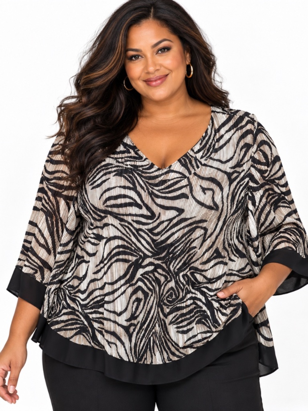 ALFANI Woman 1X Zebra Print Pleated Blouse Black White Ruffle Hem
